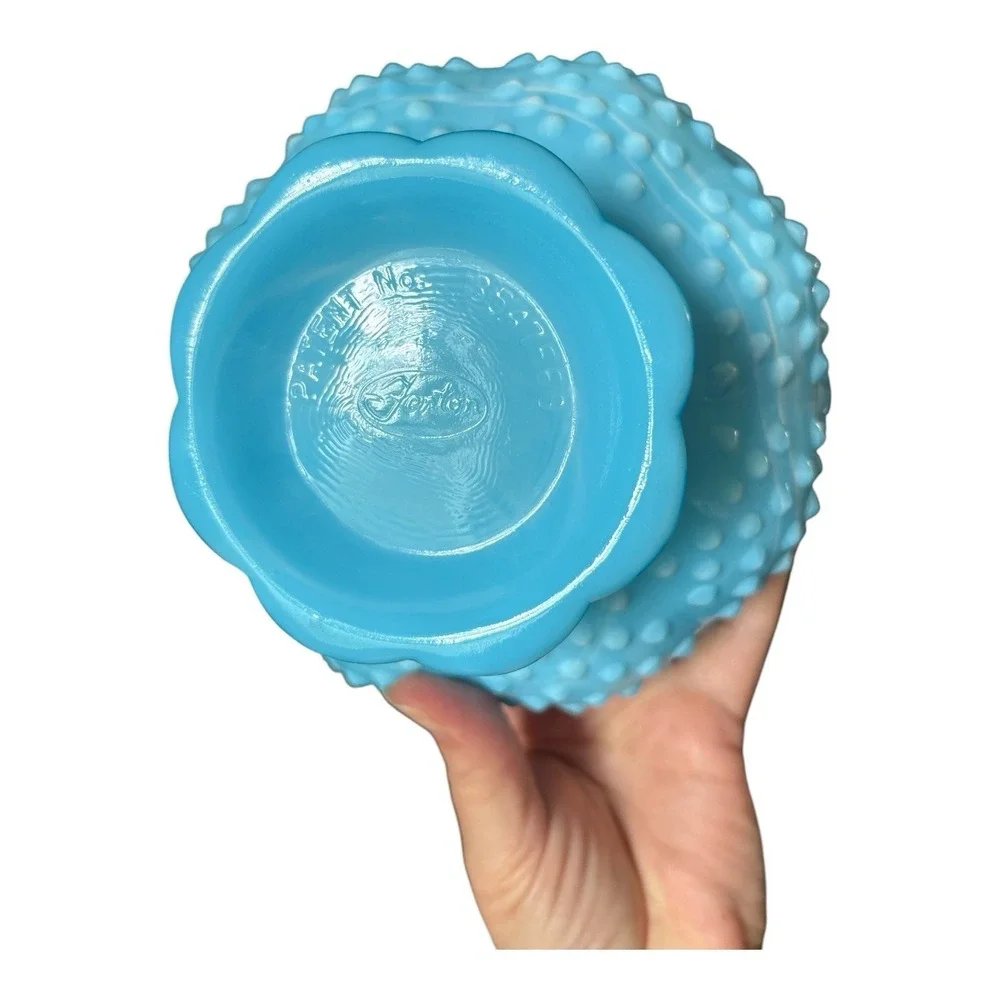 Fenton Hobnail Glass Blue and White  Marble Slag Swirl Candle Bowl. Vintage. (1)